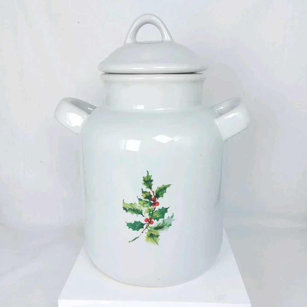 Vtg Hallmark Christmas Teddy Bear Holly Canister Jar Lid‎ Handles 9